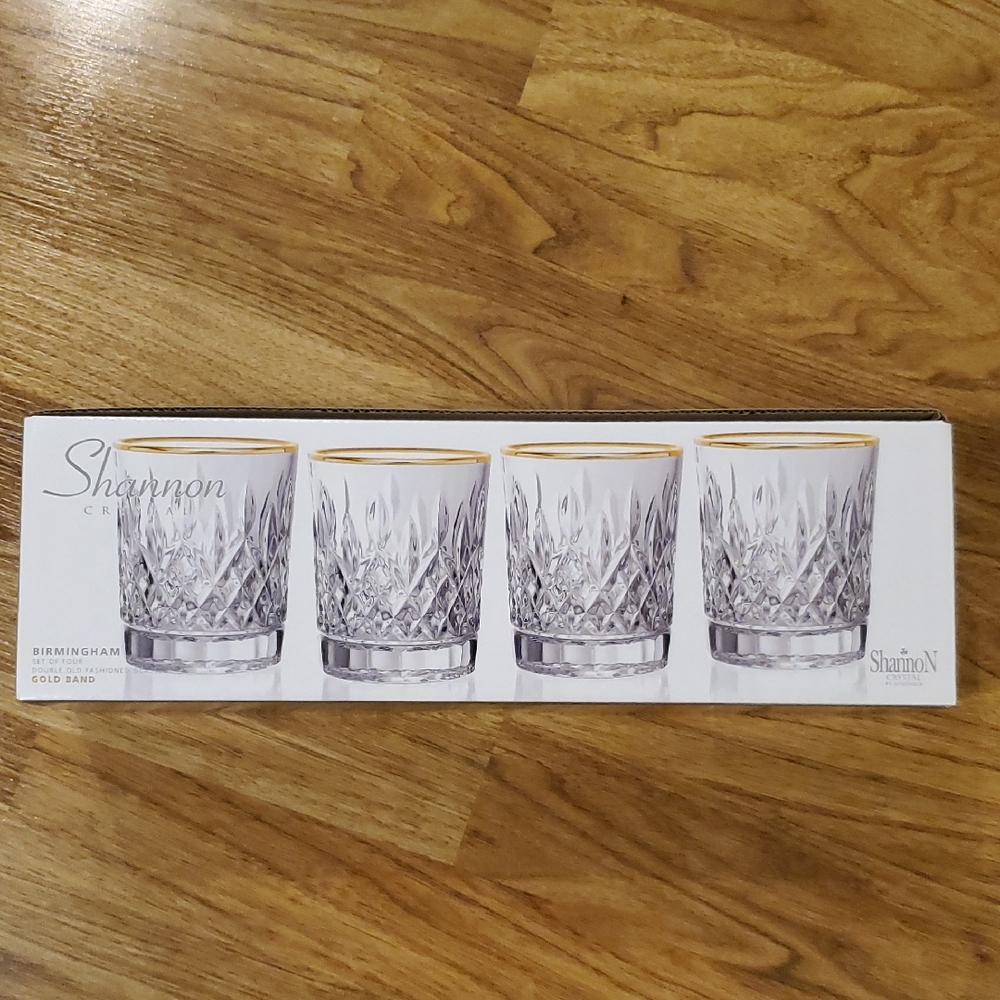 Shannon Crystal By Godinger Birmingham 4 Double Old Fashioned Glasses Gold Band